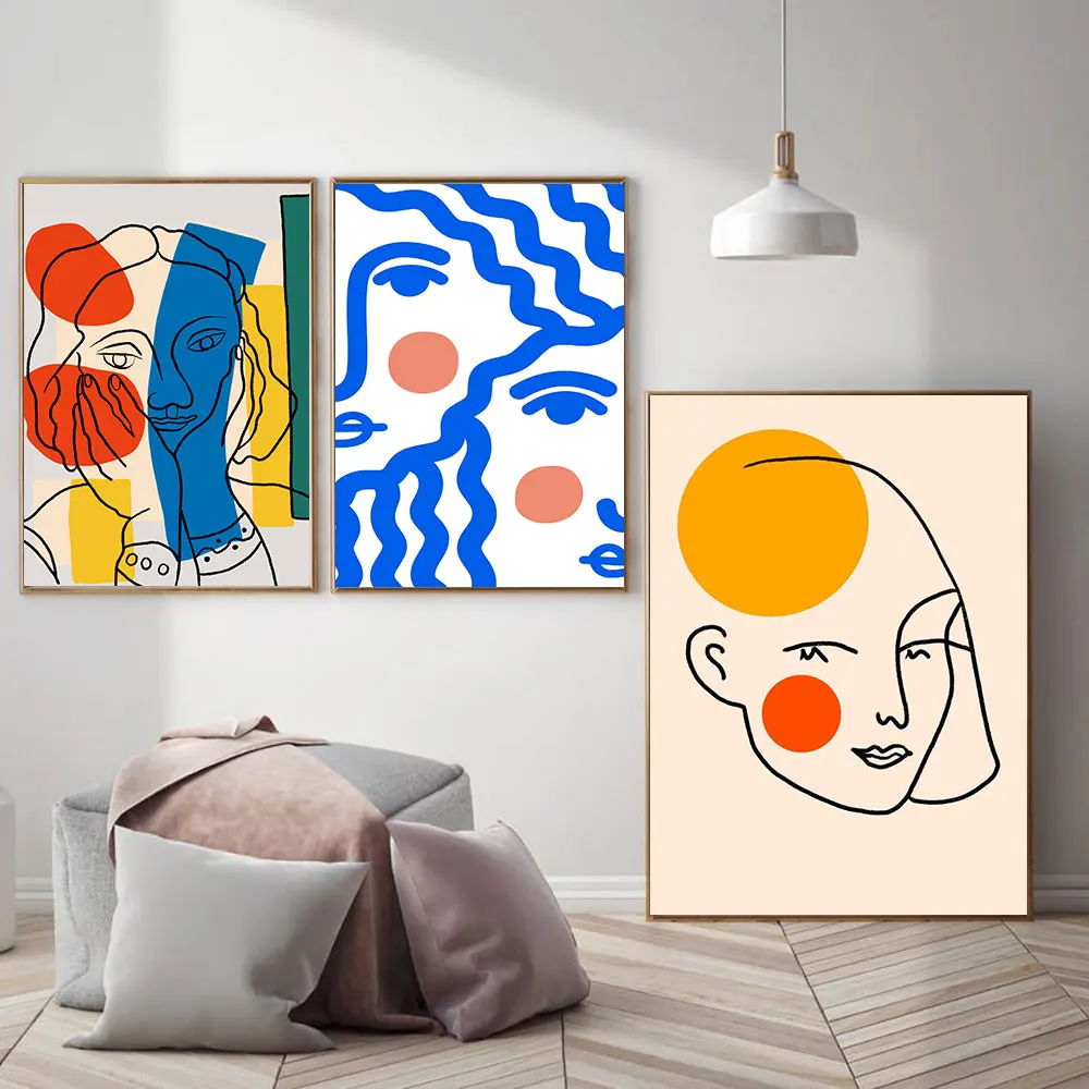 

Blue Black Line Art Posters Prints Girl Red Face Abstract Canvas Painting Nordic Modern Pictures For Living Room Decoration