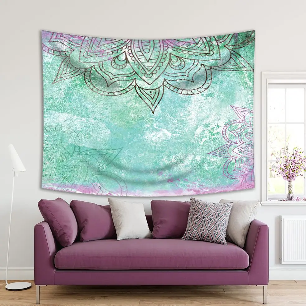 

Tapestry Mandalas Ethnic Floral Pattern Grunge Aged Effect Vintage Style Oriental Artwork Printed Green Purple