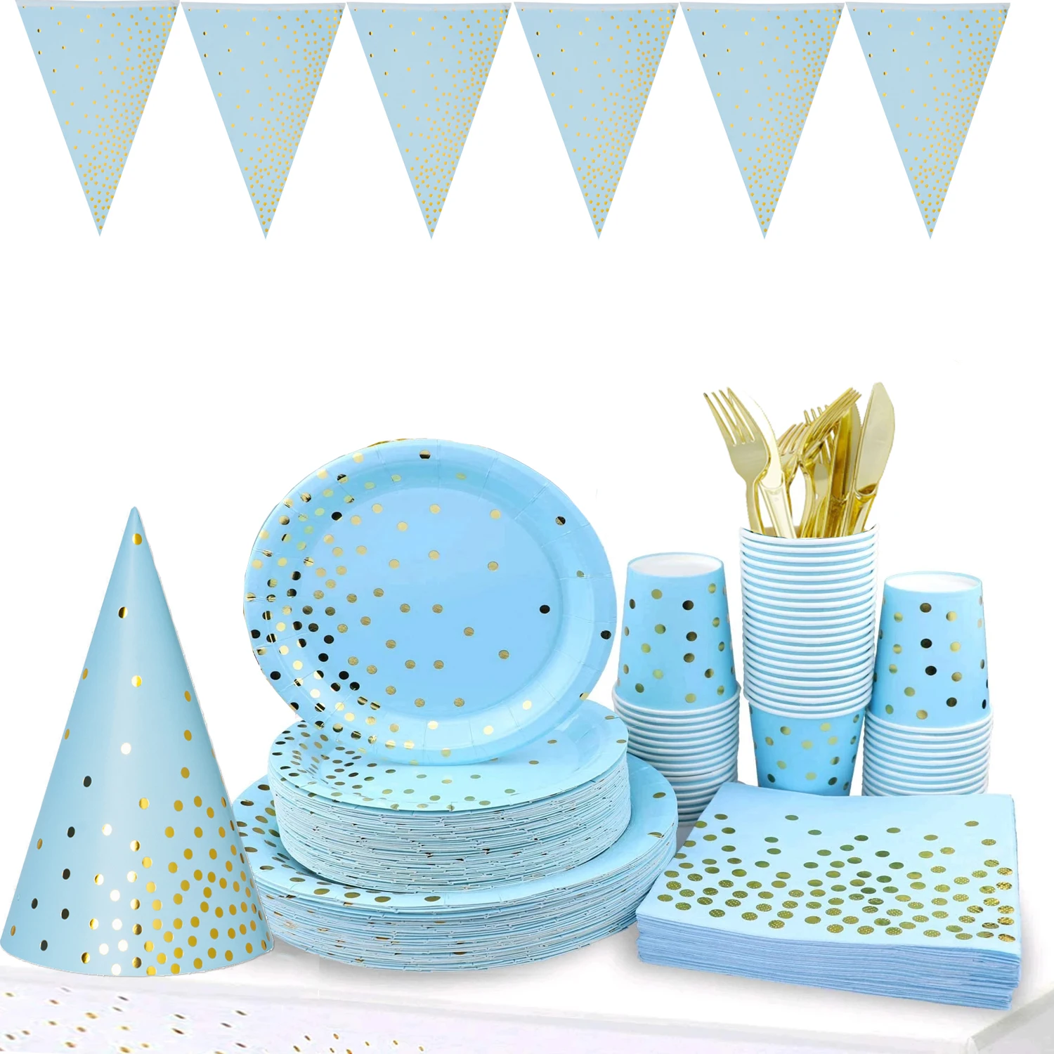 

10pcs Blue gold Dot Bronzing tableware party disposable supplies birthday decorations plates cups napkins Wedding Decoration