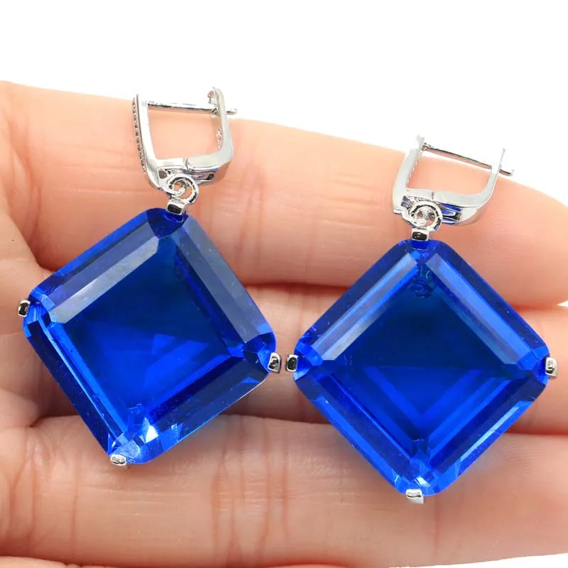 45x22mm Big Heavy 20g European Style Created Paris Blue Topaz CZ Christmas Present Silver Earrings