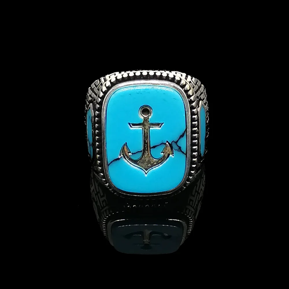 

Real Pure 925 Sterling Silver Ring Men With Blue Stone Ring Turquoise Gemstone Anchor Men's Rings Handmade - Turkish Jewelry