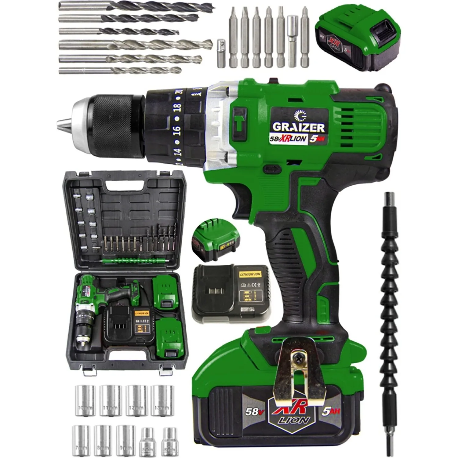Электроинструменты Graizer, ударная дрель, двойная беспроводная дрель, стальной патрон, стальная коробка передач, зеленый набор из 27 предметов, ручной инструмент, отвертка для деревообработки