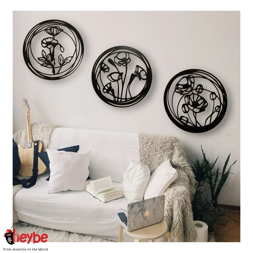 Деревянная Стена Художественное Украшение 3 Части Цветок Мака Черный Цвет 2021