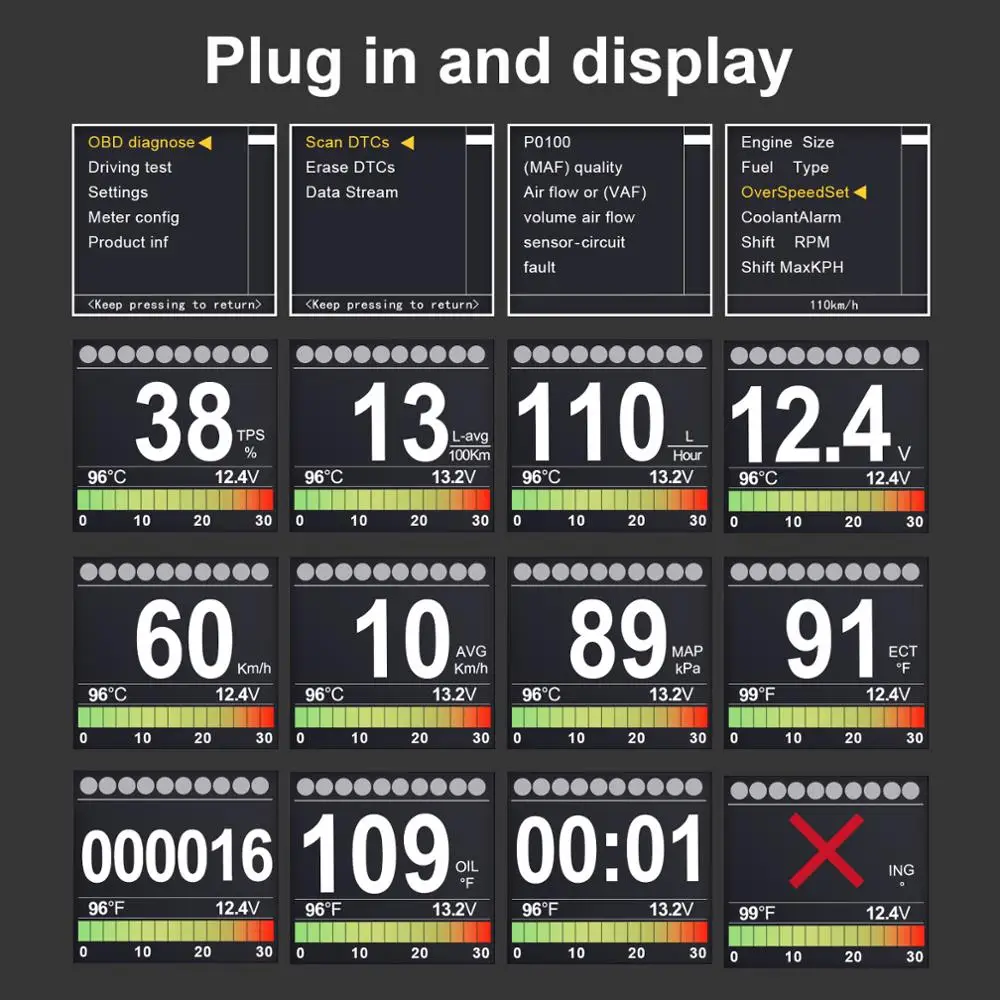 AUTOOL X60 OBD2 HUD Дисплей Темп Авто Turbo кПа Скорость метр одометра датчик 12V цифровой