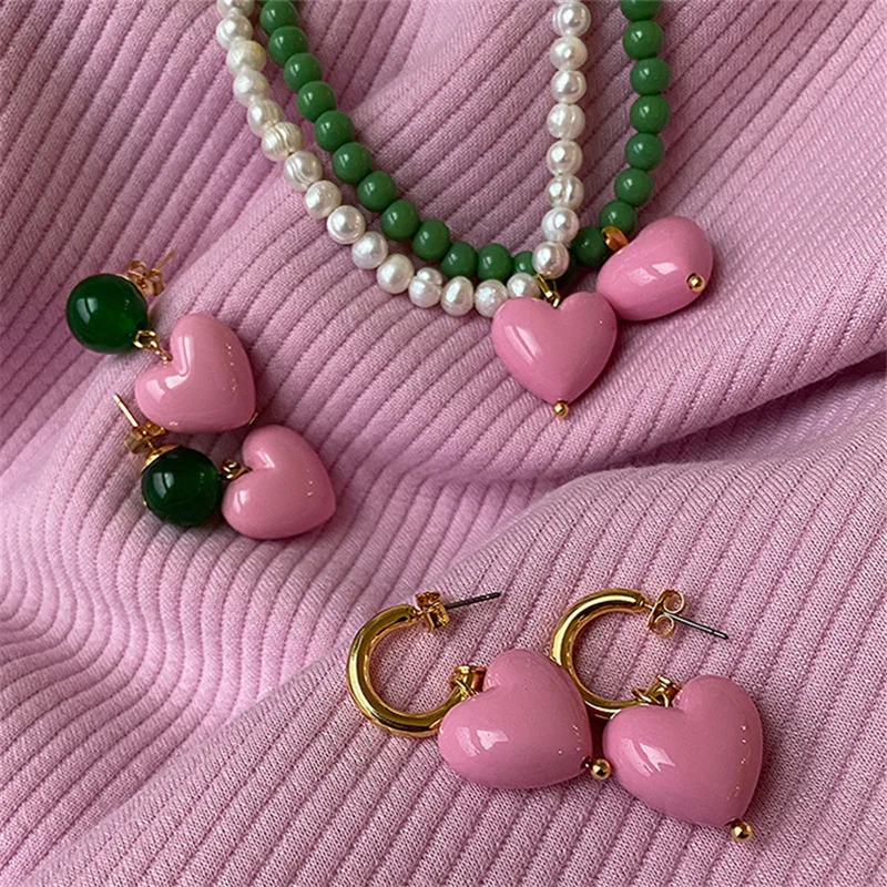 

HUANZHI New Sweet Colorful Drop Oil Pink Heart Pearl Beaded Dangle Earrings for Women Girls Party Pendant Jewelry Gift Korean