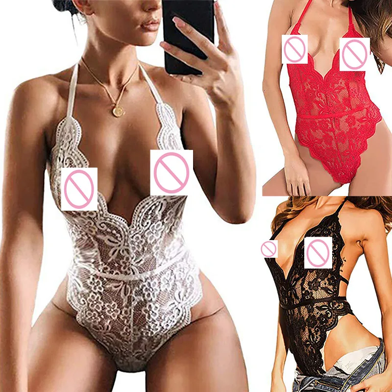 

Women Halter Lace Lingerie Sexy Bodysuit Backless Underwear Nightwear Plain Plus Size