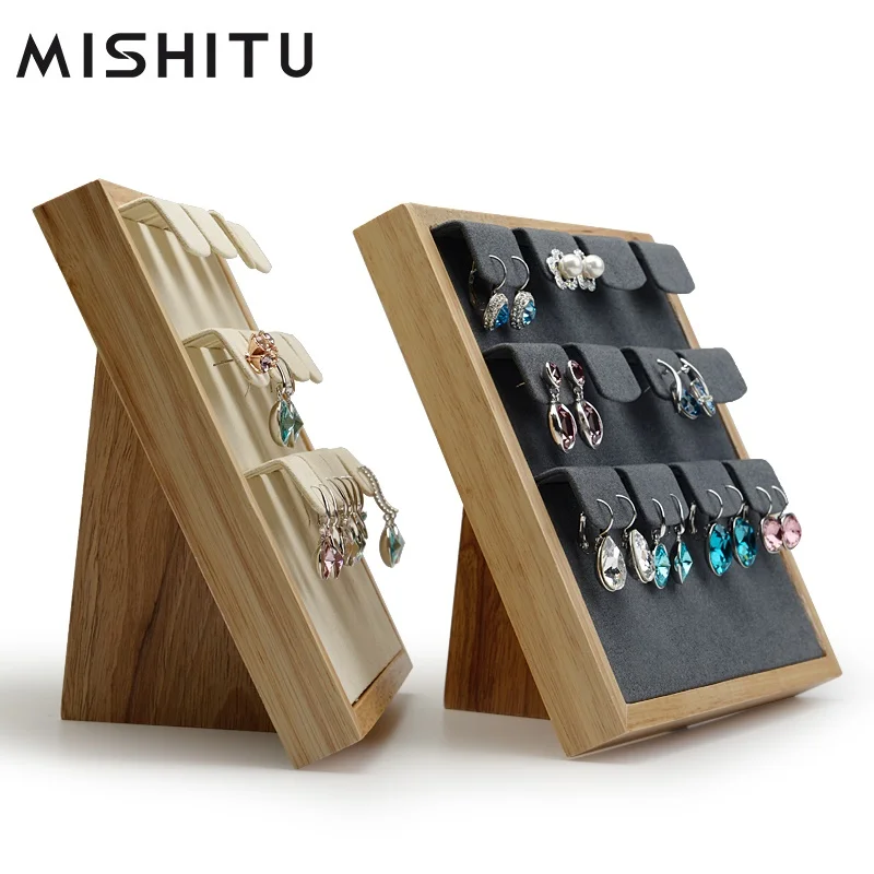 

MISHITU 15 Grids Wooden Earrings Display Stand 20.5*19*2.3cm Jewelry Organizer Rack with Microfiber Insert for Exhibition