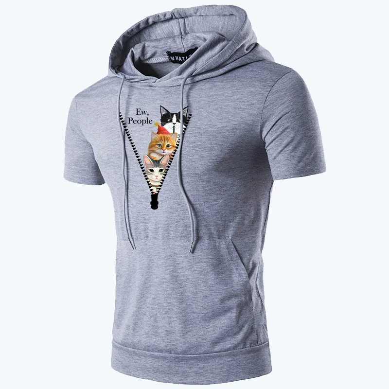 

Men Summer Cotton T-Shirt Zipper Cat Anime Print Short Sleeve Hip Hop Hoodies Cool Tees Streetwear Harajuku Tops Casual Clothes