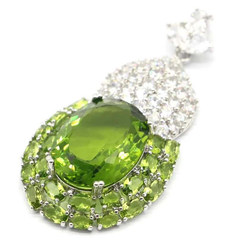 

52x27mm Delicate Fine Cut Big 10g Created Green Peridot White Bright Cubic Zircon For Women Fine Jewelry Silver Pendant