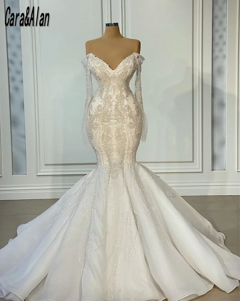 

Luxury Mermaid Wedding Dresses For Bride Pearls Beading vestidos de novia Civil Custom Made Bridal Gowns Long Sleeve Sweep Train