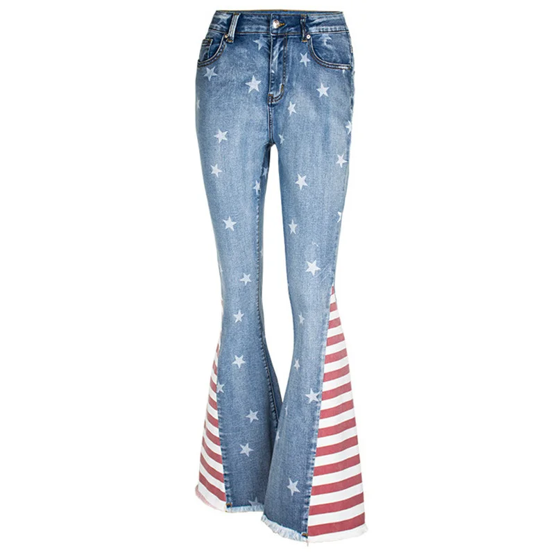 

High Waist Star Printed Jeans For women Slim Bell Bottom Pants Retro Flare Denim Trousers 2022 Spring Street Pantalones Vintage