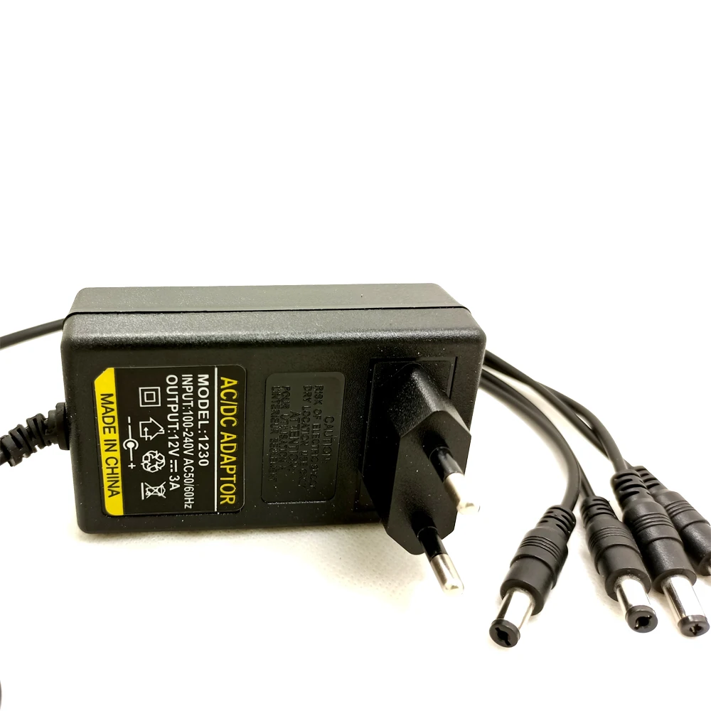 JIENUO DC 12V 3A EU Plug AC/DC Power Adapter Supply + 4 Split Cable for CCTV Camera DVR NVR IP AHD TVI CVI Analog | Безопасность и