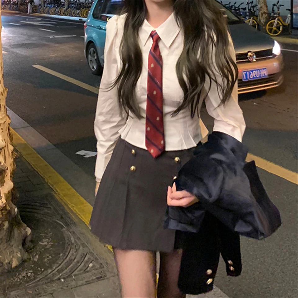 

Short Skirt Women Dress Sets School Sister Preppy Style Long-sleeved Pleated Lapel Jk Japanese Style Wear