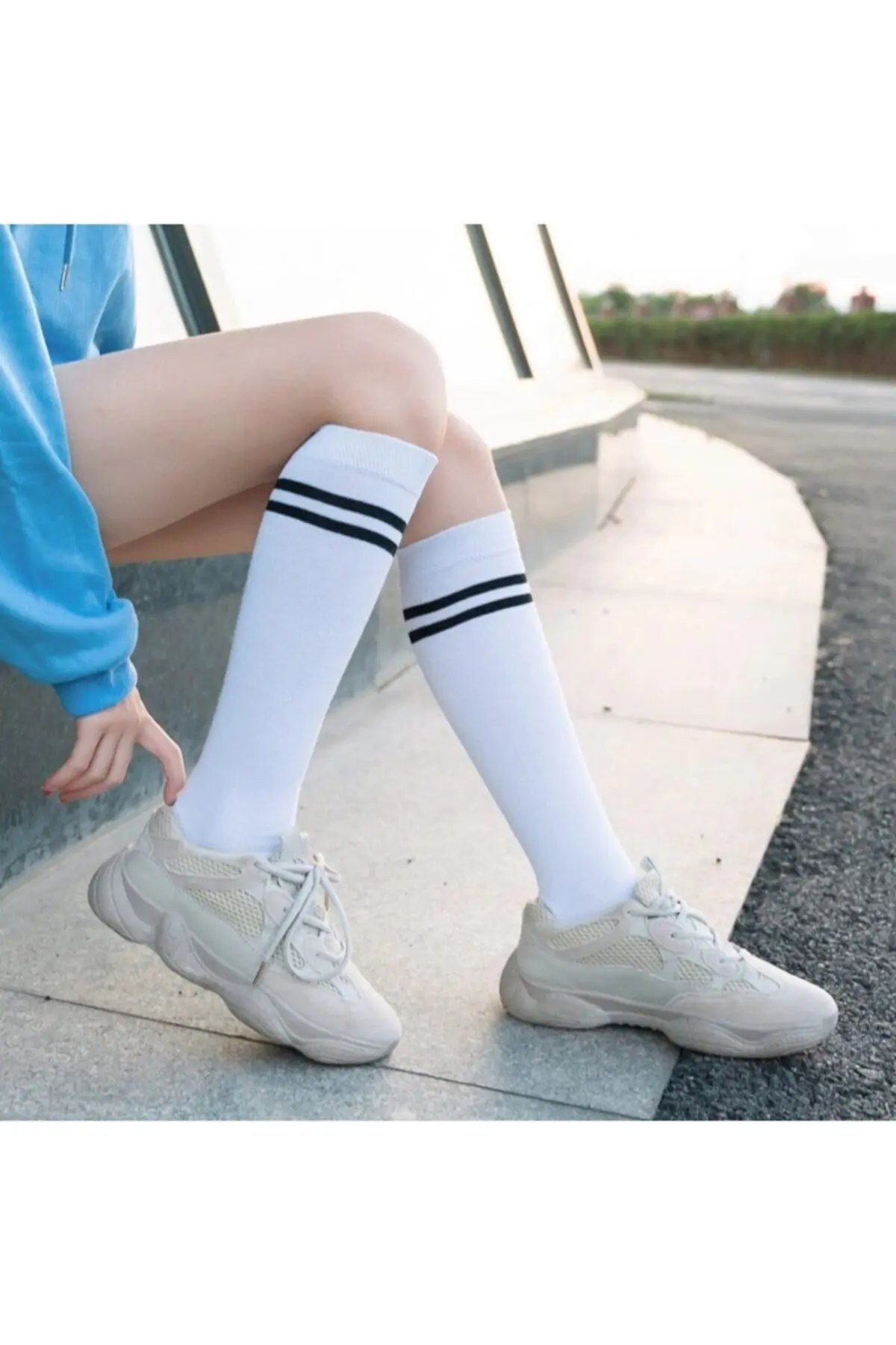 4 Pairs Women's Cotton Knee Length Black and White Striped College Socks