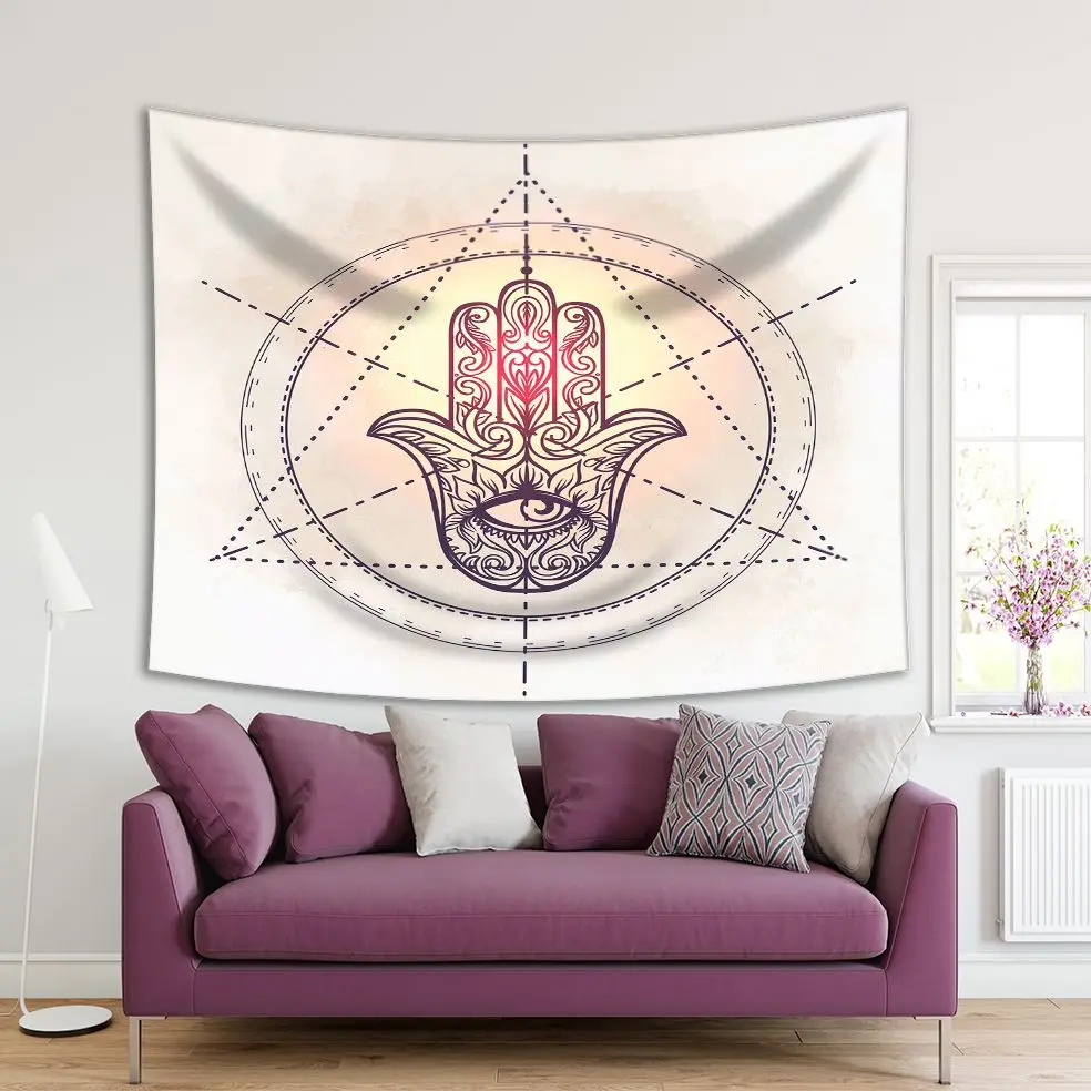 

Tapestry Hamsa Mystic Symbol Floral Hand Illustration Artwork Printed Gray White