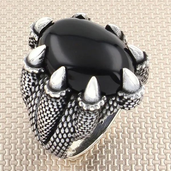 Oxidized Oval Cambered Black Onyx Stone Men Silver Ring With Dragon Foot Motif Made in Turkey Solid 925 Sterling Silver