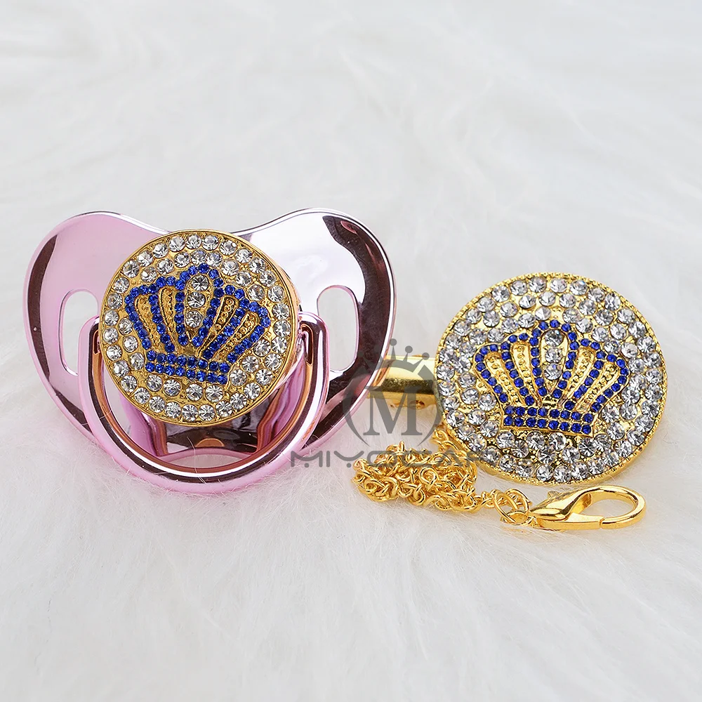 

MIYOCAR Gold beautiful blue bling crown pacifier and pacifier clip set BPA free dummy clip bling unique BPA free ABCB-8