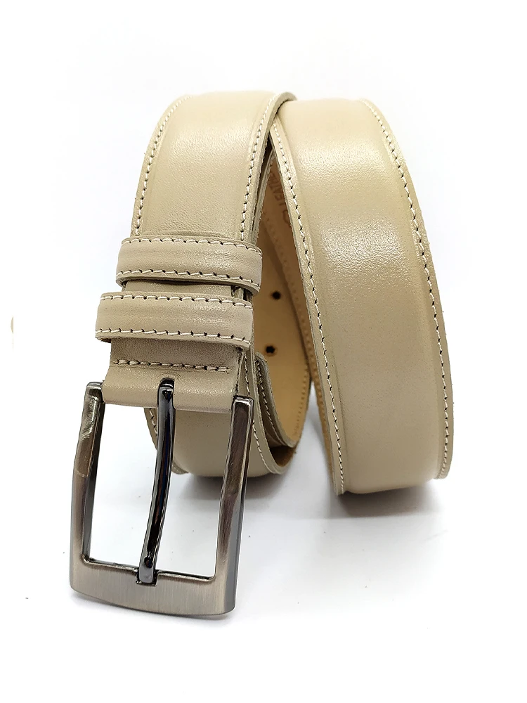 Genuine Soft Leather Handmade Beige Man Belt High Quality Calfskin For Pants Metal Buckle For Casual Gift For Valentine's Day
