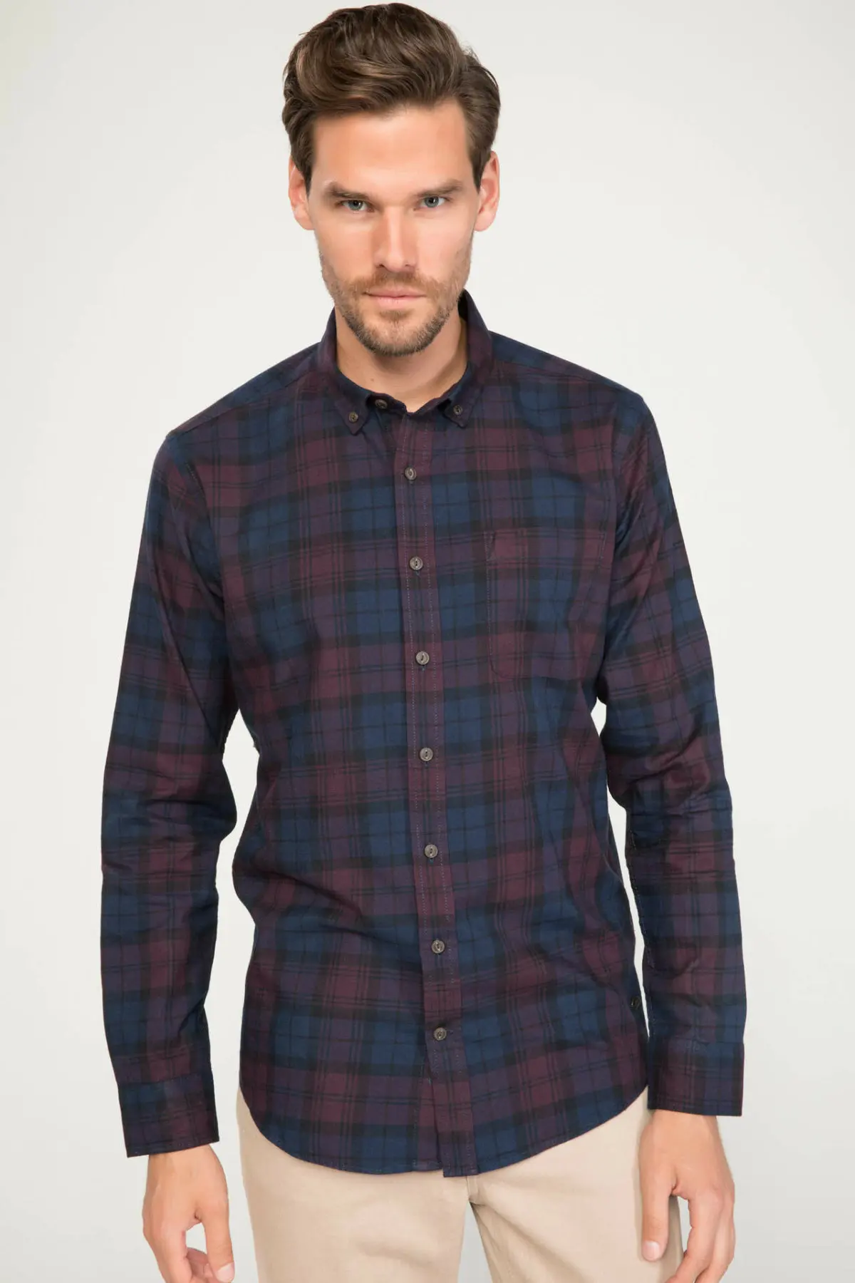 DeFacto мужская темно цветная рубашка с длинным рукавом повседневная клетчатая