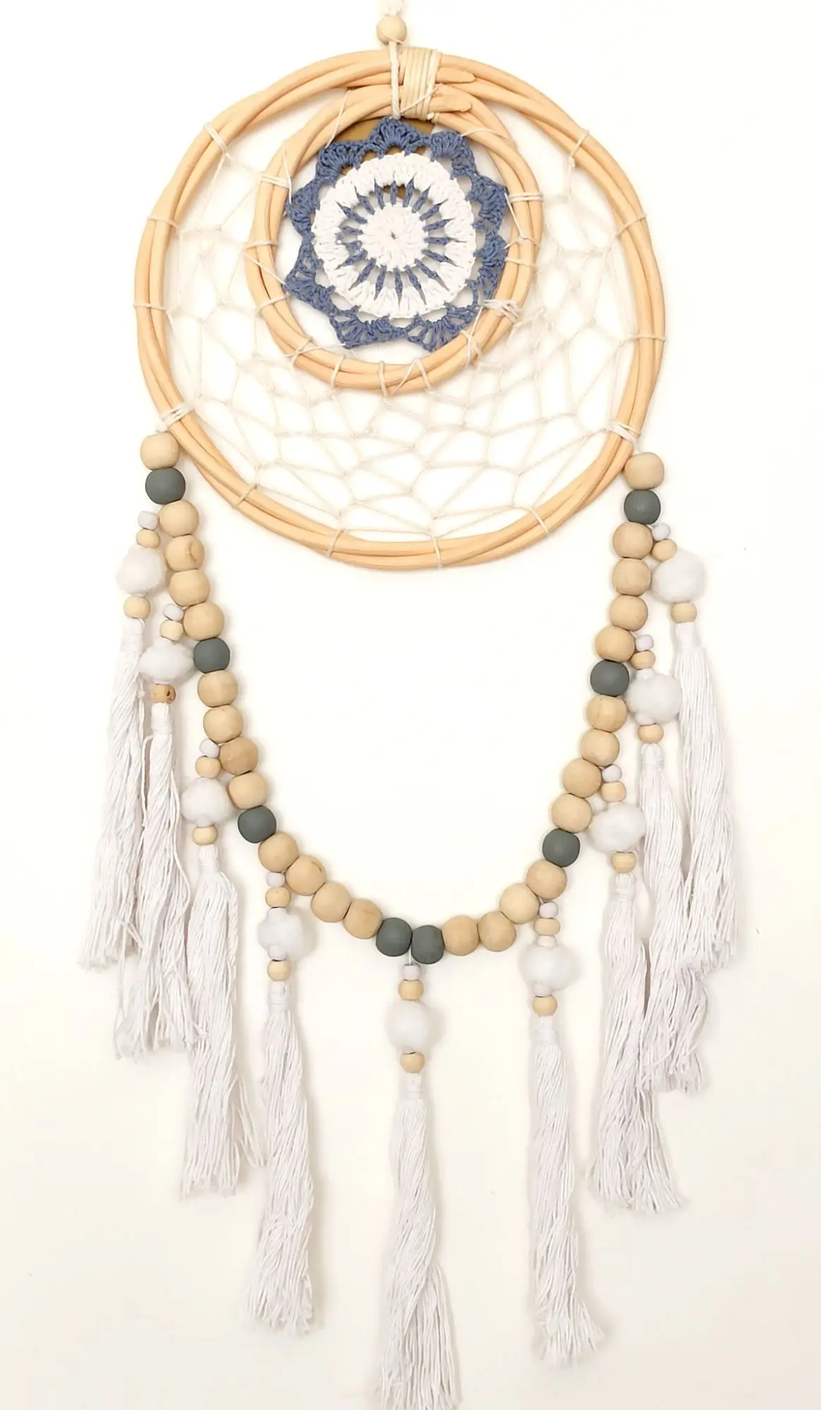 

Wooden Beaded Dream Catcher Blue Color Evil Eye Bead Pattern Handmade Wall Ornament