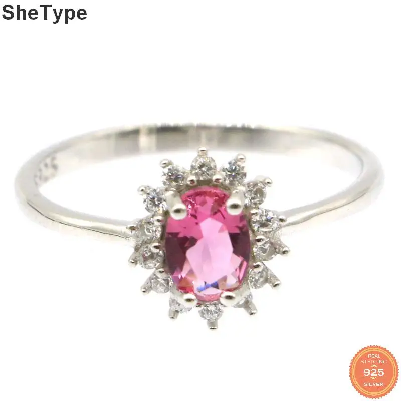 

12x10mm 2.1g Deluxe SheType Created Pink Tourmaline CZ Gift For Ladies Jewelry Real 925 Solid Sterling Silver Rings