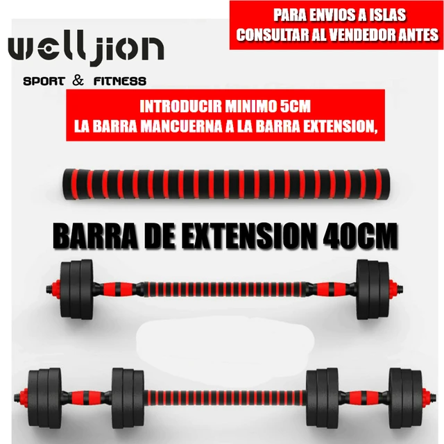 Set de mancuernas ajustable de 50kg con unión/extensor para barra.