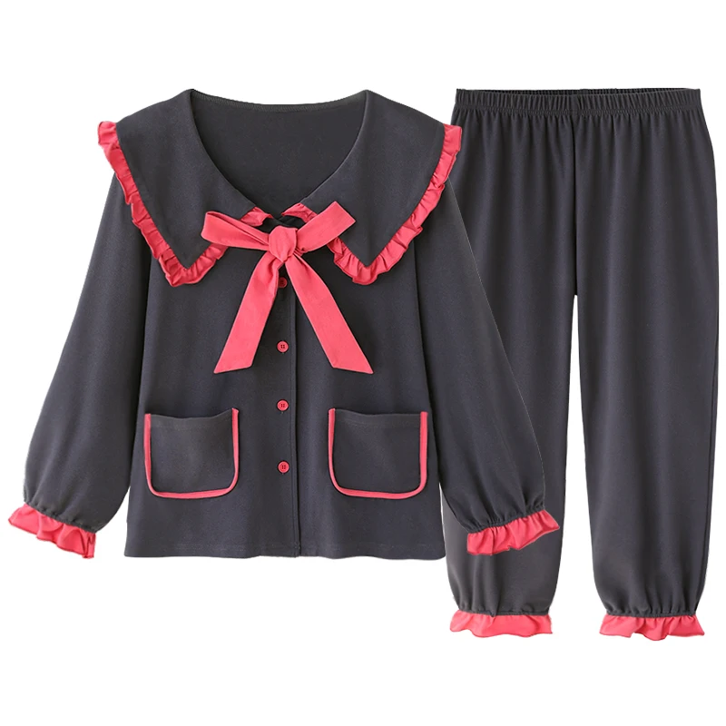 

Prowow Woman’s Japanese Style Pajamas Spring-Autumn-Winter Two-Piece Cute Doll Collar Casual Home Wear Suit