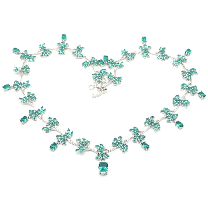 

37x25mm Luxury Flowers Created Blue Aquamarine For Woman's Dating Fine Jewelry Silver Necklace 19.5-20.5inch