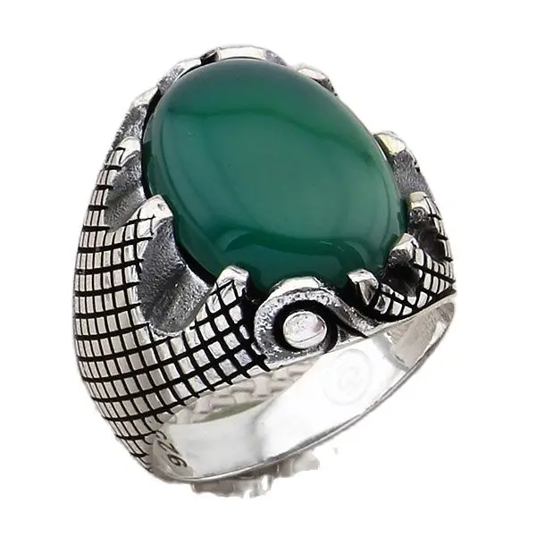 

Diamond Line Pattern 925 Sterling Silver Men's Ring with Oval Green Agate Natural Gemstone Jewelry Gift for Dad for Grandfather