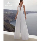 Женский шифоновый комбинезон с лямкой на шее, с глубоким V-образным вырезом, поясом и бусинами, до щиколотки