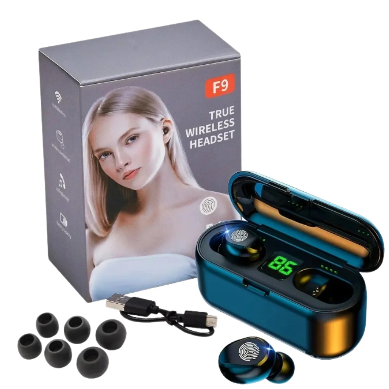 Беспроводные наушники-вкладыши F9 с зарядным футляром на 2200 мА ч черные/tws