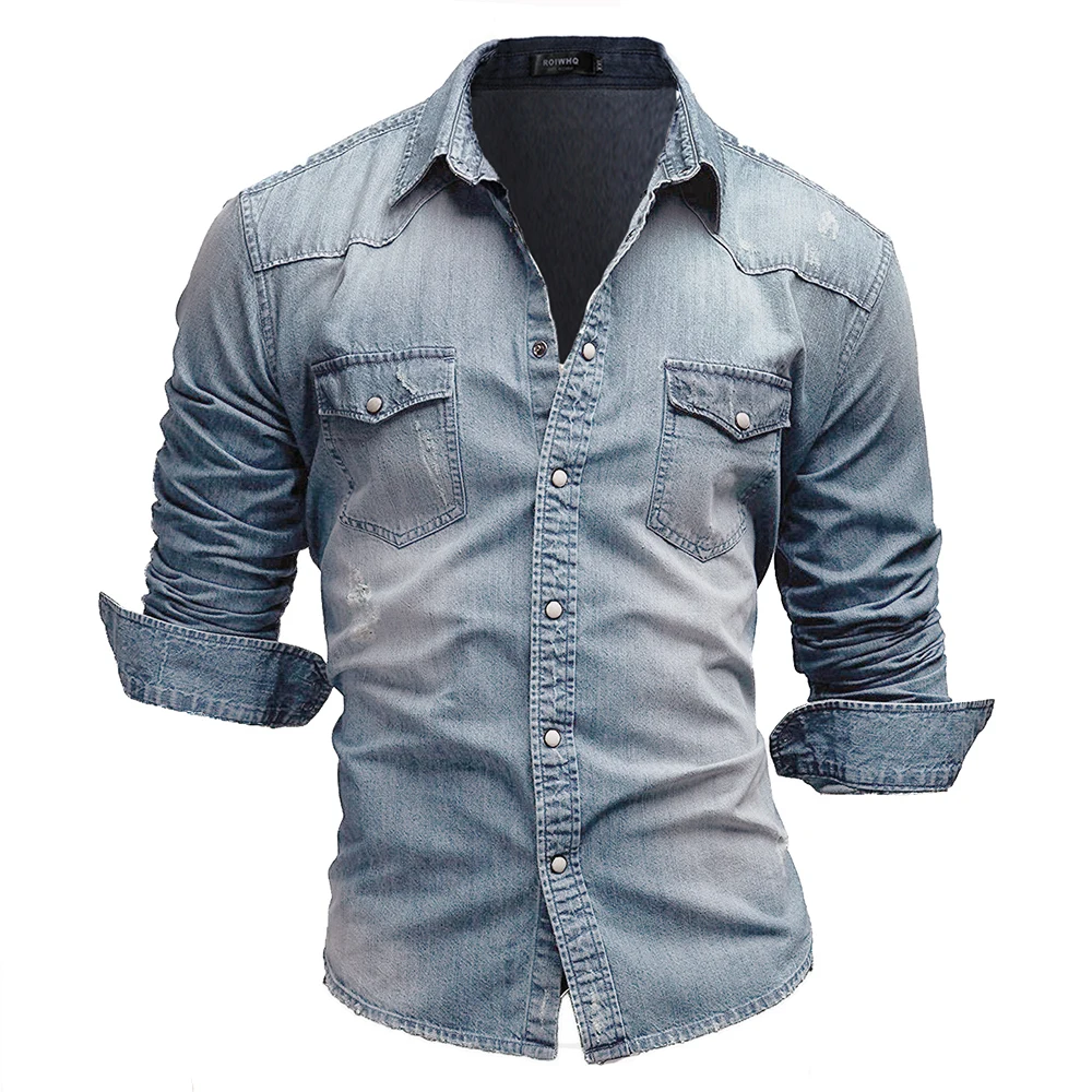 Men's Shirts Long Sleeve Hawaiian Social Button Denim Popular Shirts Wholesale 2022 Single Breasted Lapel Wide