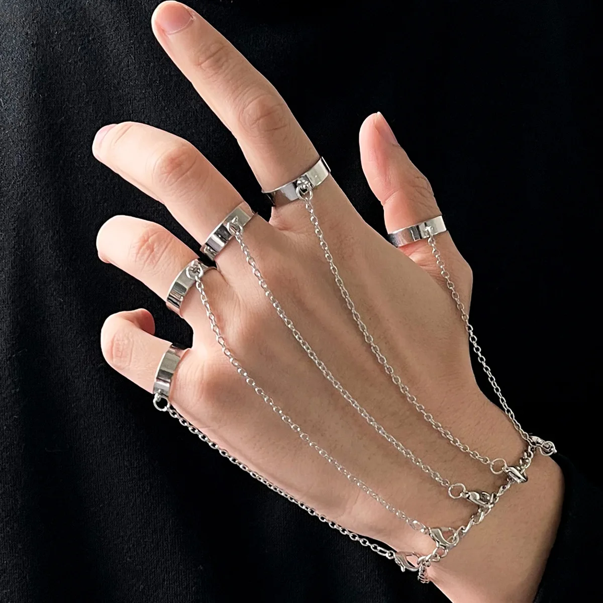 Punk Geometric Chain Wrist Bracelet For Women Men Silver Color Connected Finger Tassel Adjustable Ring Club Hip Hop Jewelry Gift