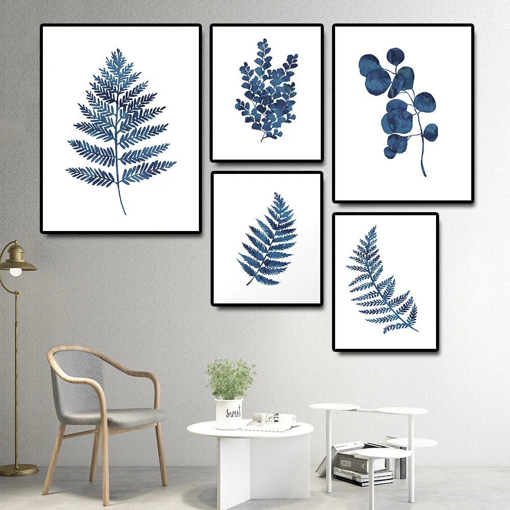

New Watercolor Blue Plants Canvas Painting Modern Minimalist Leaves Posters and Prints Wall Pictures Living Room Decor Cuadros