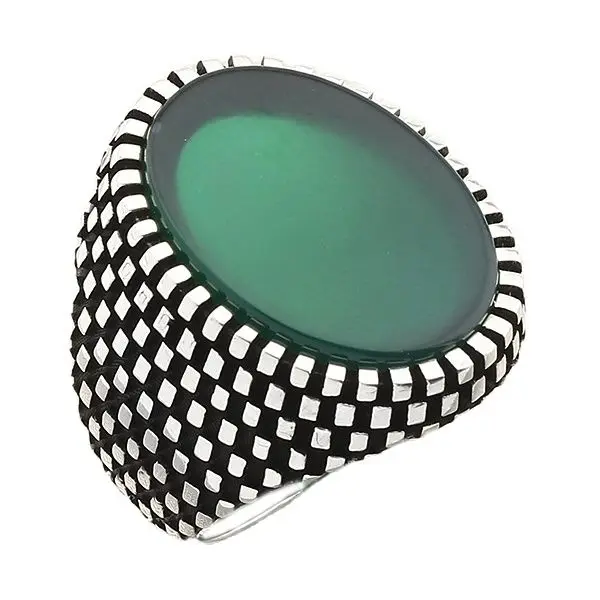 

Black and White Tiles Motif Sterling Silver Men's Ring with Oval Green Agate Gemstone Engagement Present for Son for Best friend