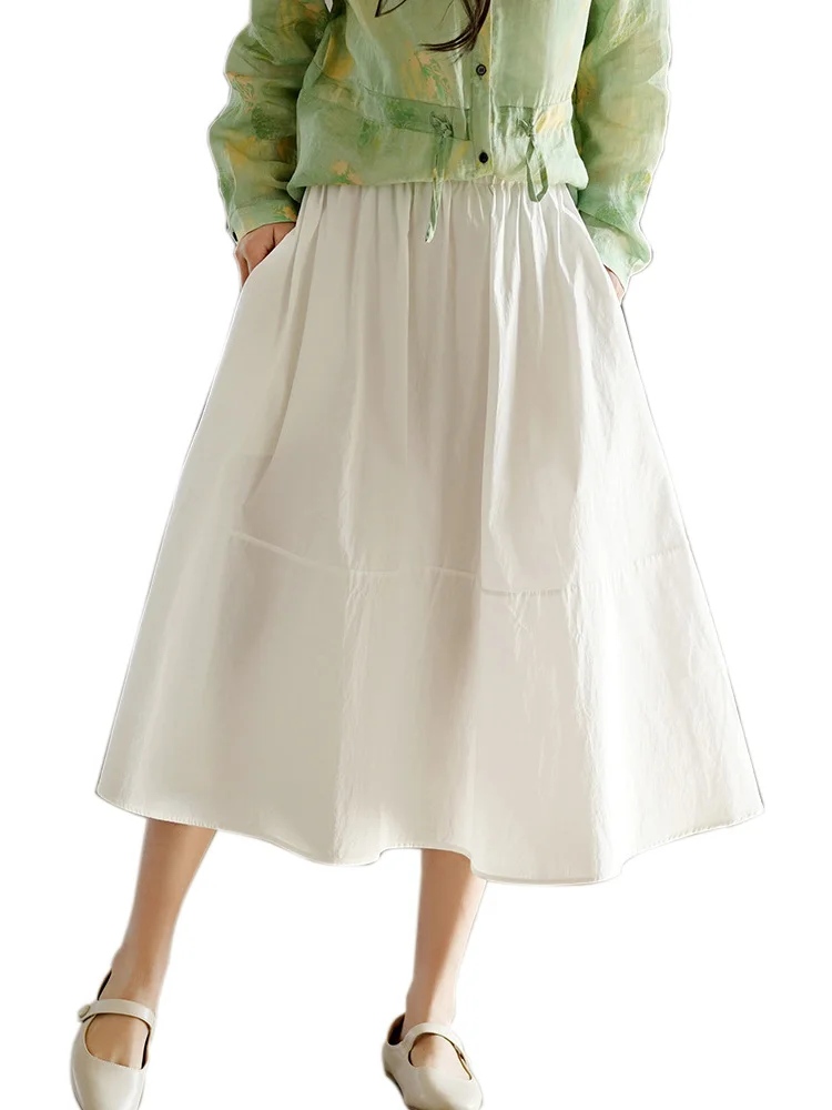 Повседневная однотонная трапециевидная хлопковая юбка до середины икры для