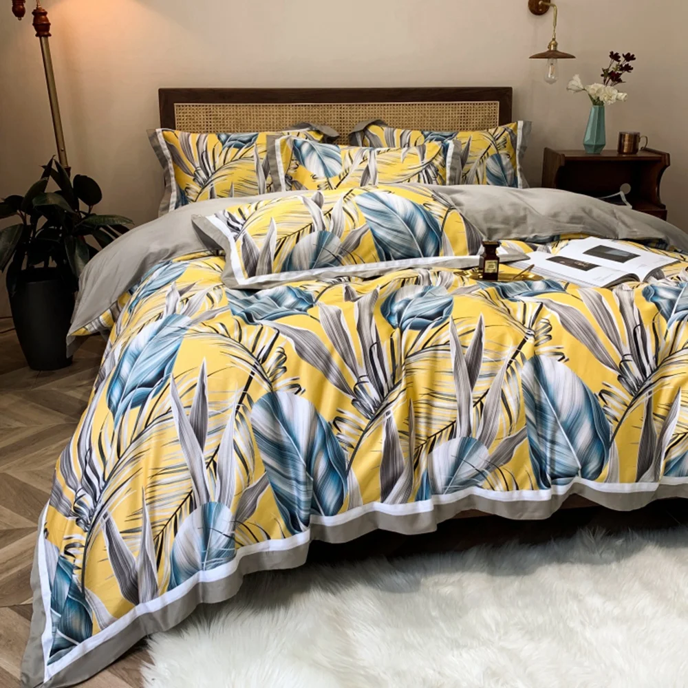 

Yellow leaf print bedding set Pastoral style Satin Egyptian cotton linen Grils soft duvet cover bedspread