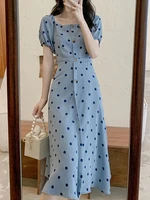 summer women retro elegant dot print puff sleeve midi dresses french style female clothes vestidos
