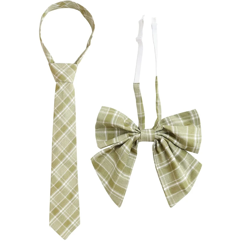 

New Pre-Tied Bowknot Bow Tie Unisex Uniform Adjustable Plaid Tartan Bow tie and Necktie Set for Cosplay Costume Green Plaid Tie