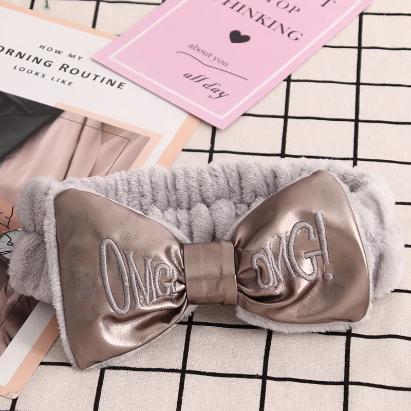 PU Grey Levao OMG повязка на голову с вышитыми буквами фланелевая повязка на голову с бантом банданы из искусственной кожи с надписью OMG повязка на голову тюрбан для женщин головной убор - Цвет: PU Grey