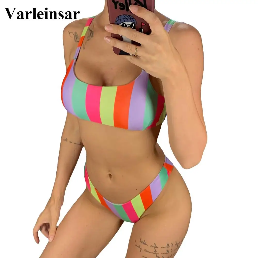 Женский купальник бикини V1409 в цветную полоску из двух предметов|Купальники| |