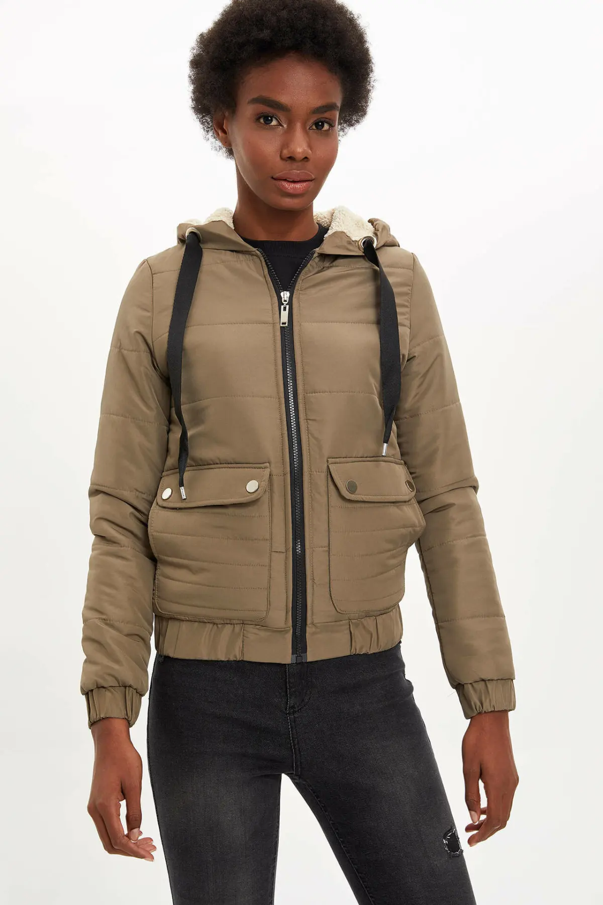 Дефакто женские зимние толстые пальто на молнии повседневные с капюшоном