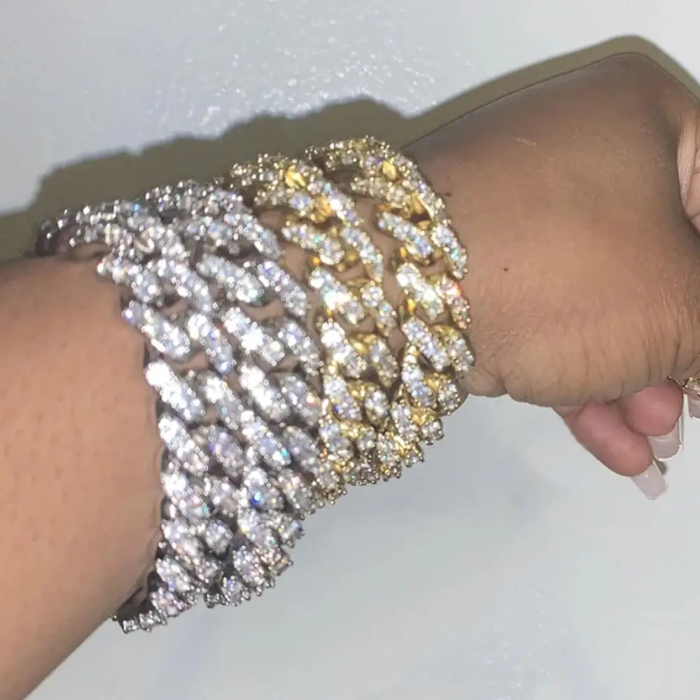 Bling Rhinestone Hip Hop Cuban Link Chain Bracelet Iced Out for Women Men Full AAA Crystal Rapper Jewelry | Украшения и