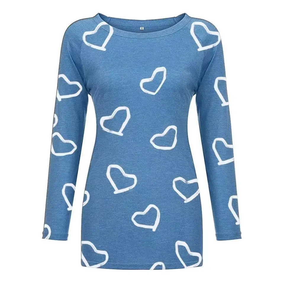 

2021 Autumn Loose T-Shirt Women Heart shaped Printed Tops Casual Round Neck Love Print Long Sleeve Cotton Shirt Female Pullover