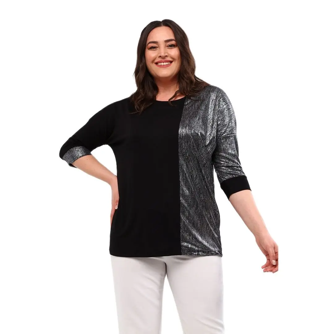 

Women’s Plus Size Blouse Shiny Silver Patchwork Detail, Designed and Made in Turkey, New Arrival