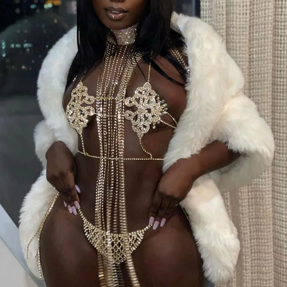 Цветочный стразы бюстгальтер и стринги сексуальные трусики цепочка для тела с