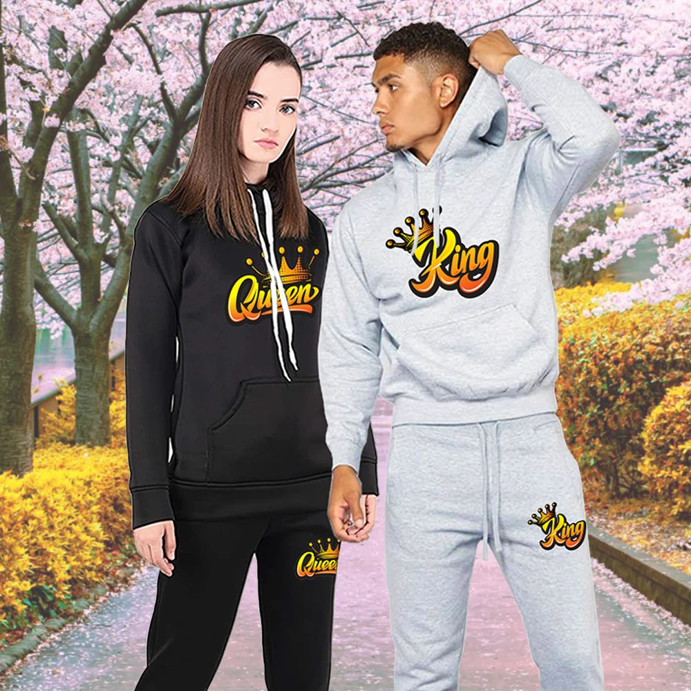 

KING QUEEN Print Lover Tracksuit Couple Hoodie and Pants 2 Piece Casual Harajuku Sweatshirt Men Women Clothes Suits