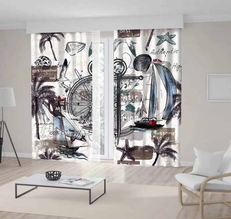 

Curtain Palm Trees Ships Shells Starfish and Birds Summer Beach Vacation Theme Artwork Blue Green Purple Beige