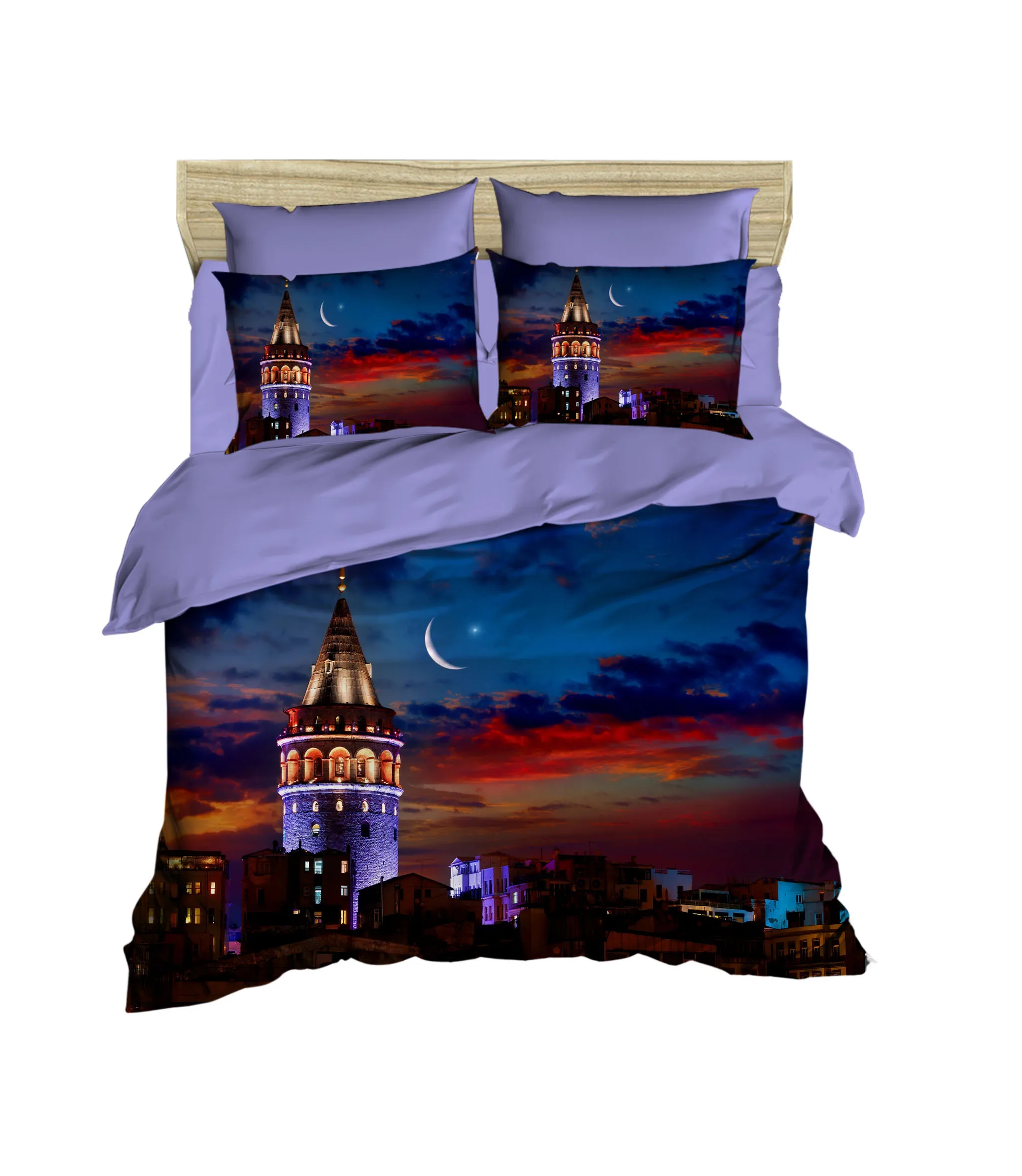 

100% турецкий хлопок башня постельное белье ночь и Луна Тематические 3D печатных пододеяльник, Сделано в Турции