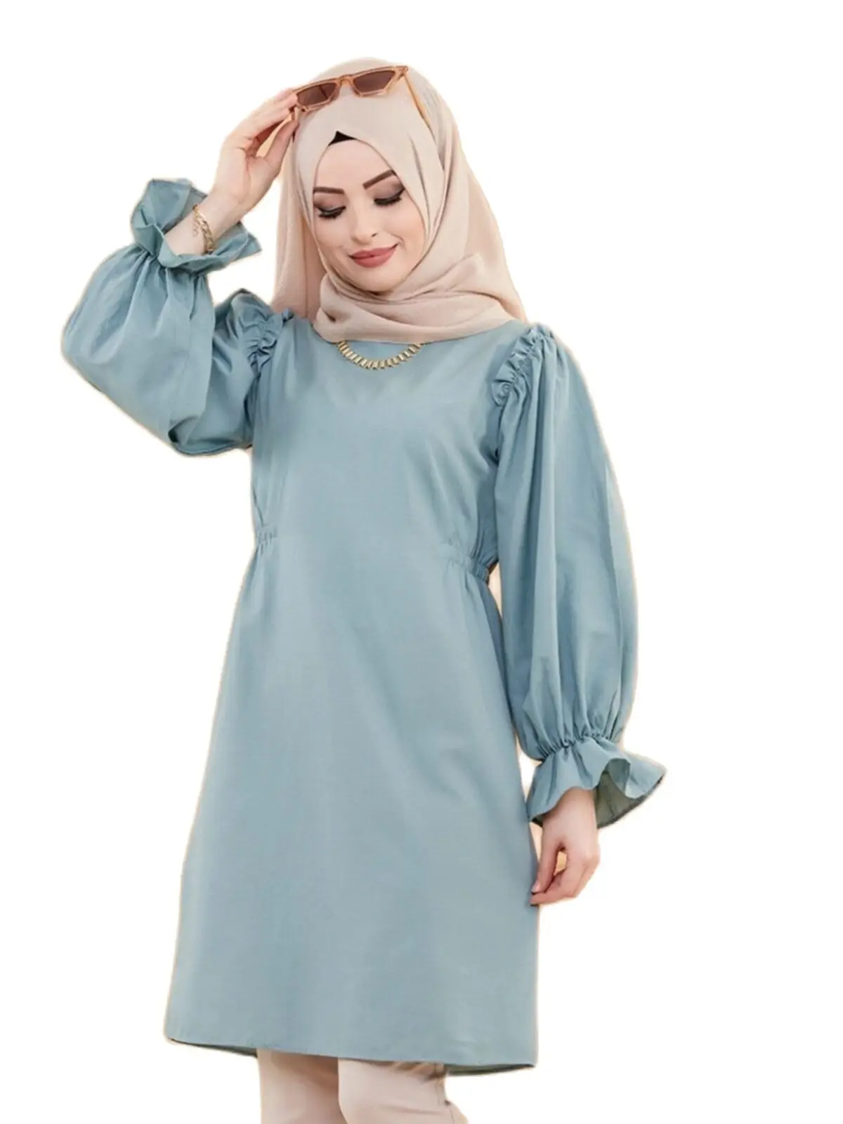 

Mint Green Balloon Sleeve Tunic For Women Hijab New Season Blusas Mujer Dubai Muslim Long Sleeve slamic Daily Elegant